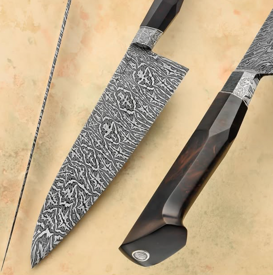 Custom mosaic Damascus gyuto kitchen knife by Patterson Forge